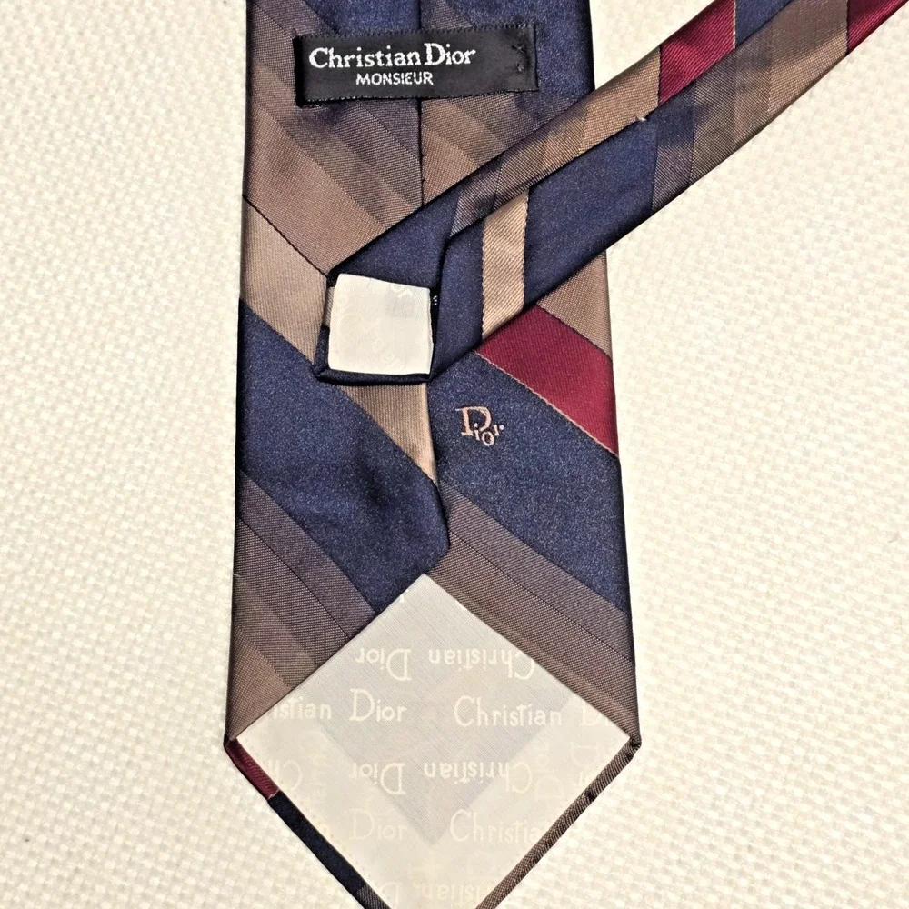 Christian Dior‎ Monsieur Tie USA Striped Burgundy Blue Brown Logo 57.3x3.3